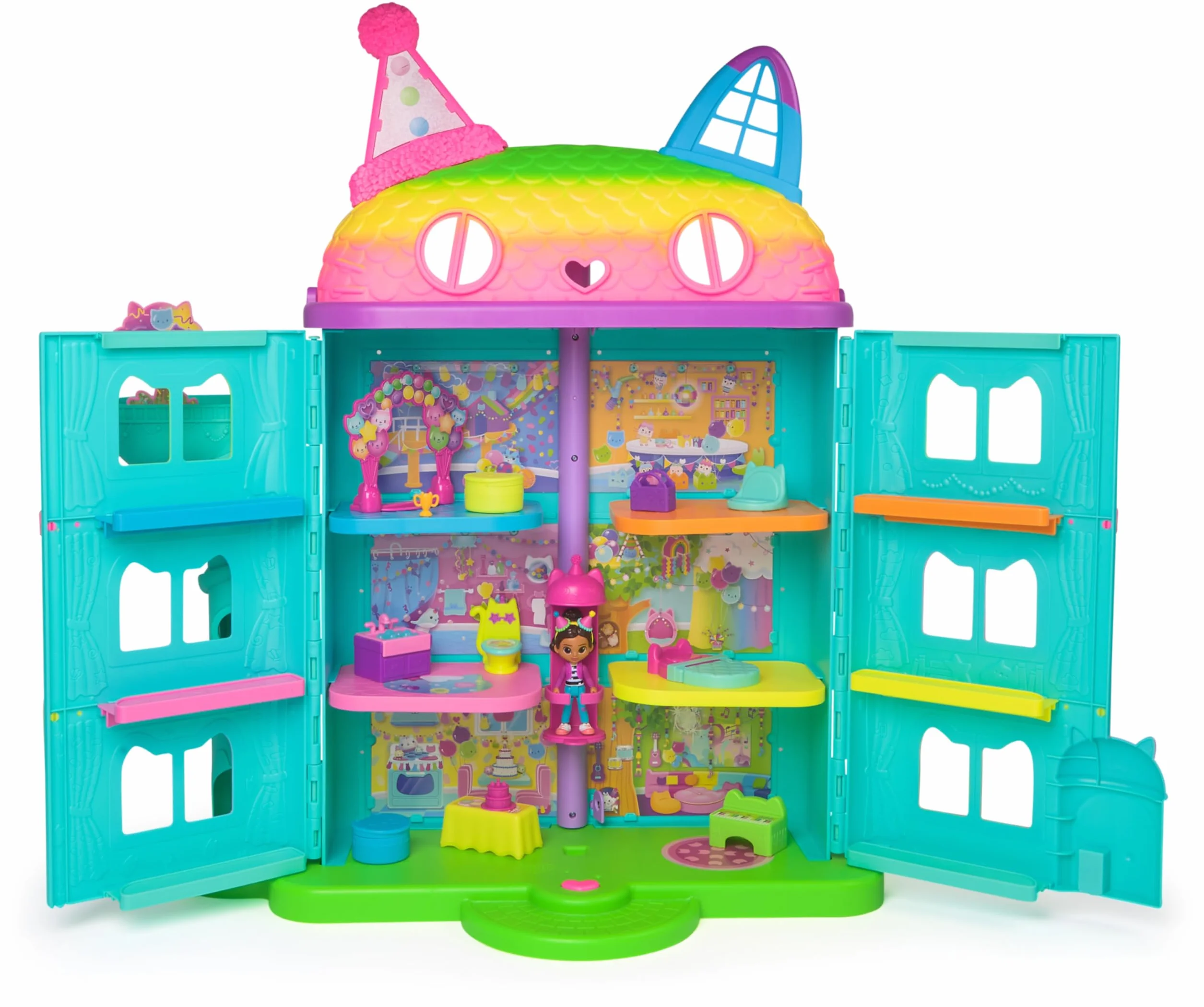 Gabby's Dollhouse, la Casa delle Bambole di Gabby a Tema Festa, 15 Pezzi a Tema Arcobaleno, Personaggi e Mobili per la Casa delle Bambole con Effetti Sonori, Alta 60 cm, 3+ Anni