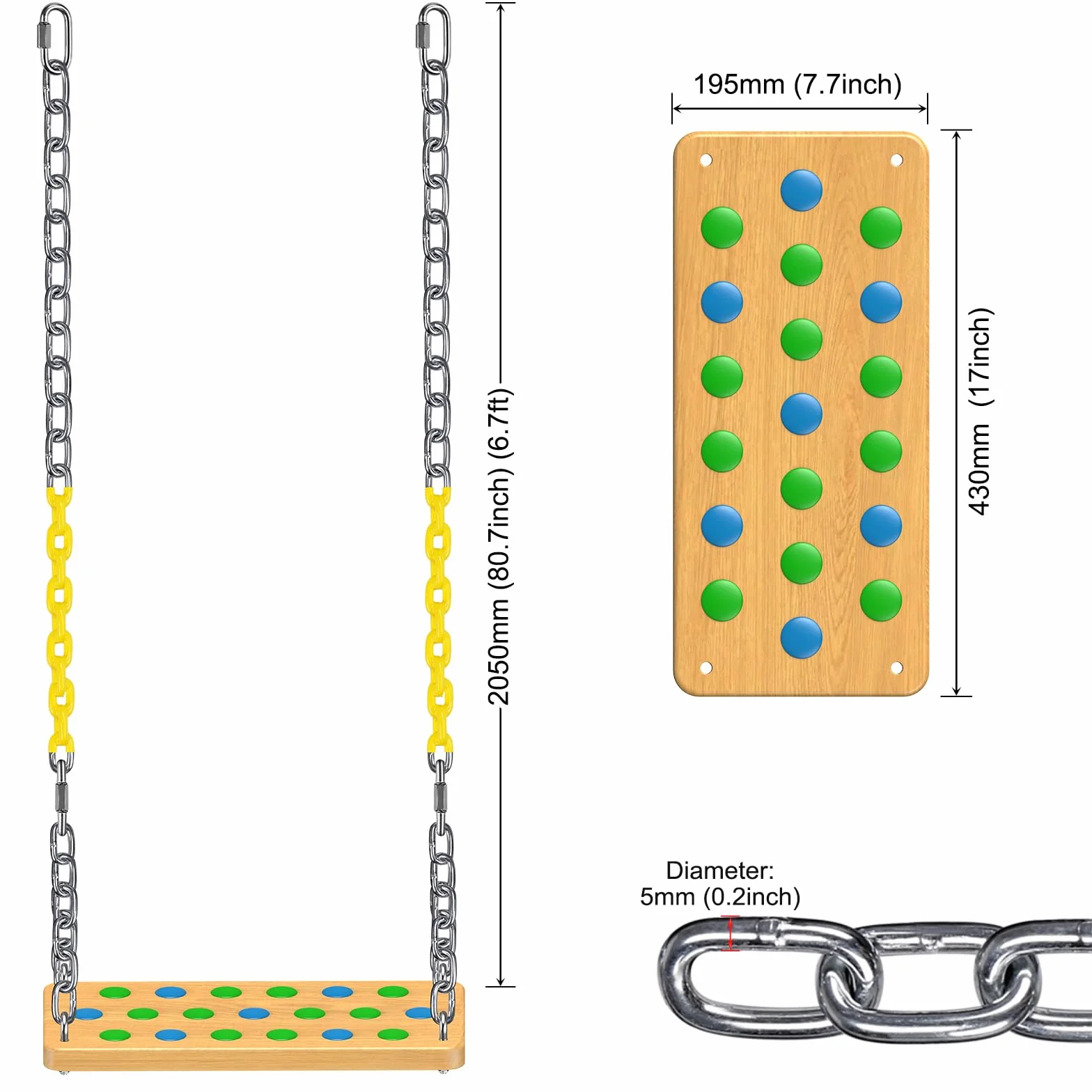 SELEWARE Sedile per altalena in legno per bambini e adulti, sedile piatto antiscivolo di ricambio con catena, set di altalene per parco giochi, accessori per altalena da giardino all'aperto