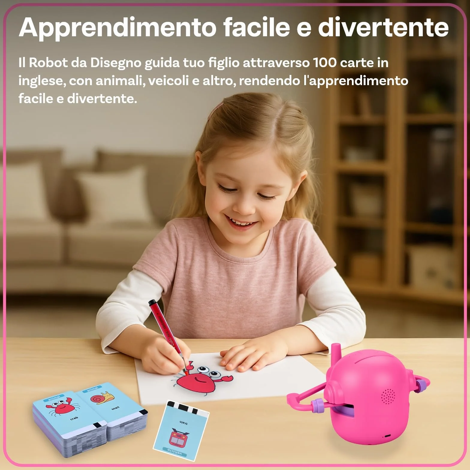 MMOBIEL Robot da Disegno per Bambini Giocattolo Educativo Interattivo con 100 Carte, 12 Pennarelli Colorati, Guida Vocale e Batteria Ricaricabile USB-C – Regalo Creativo per Età 3-9 – Rosa