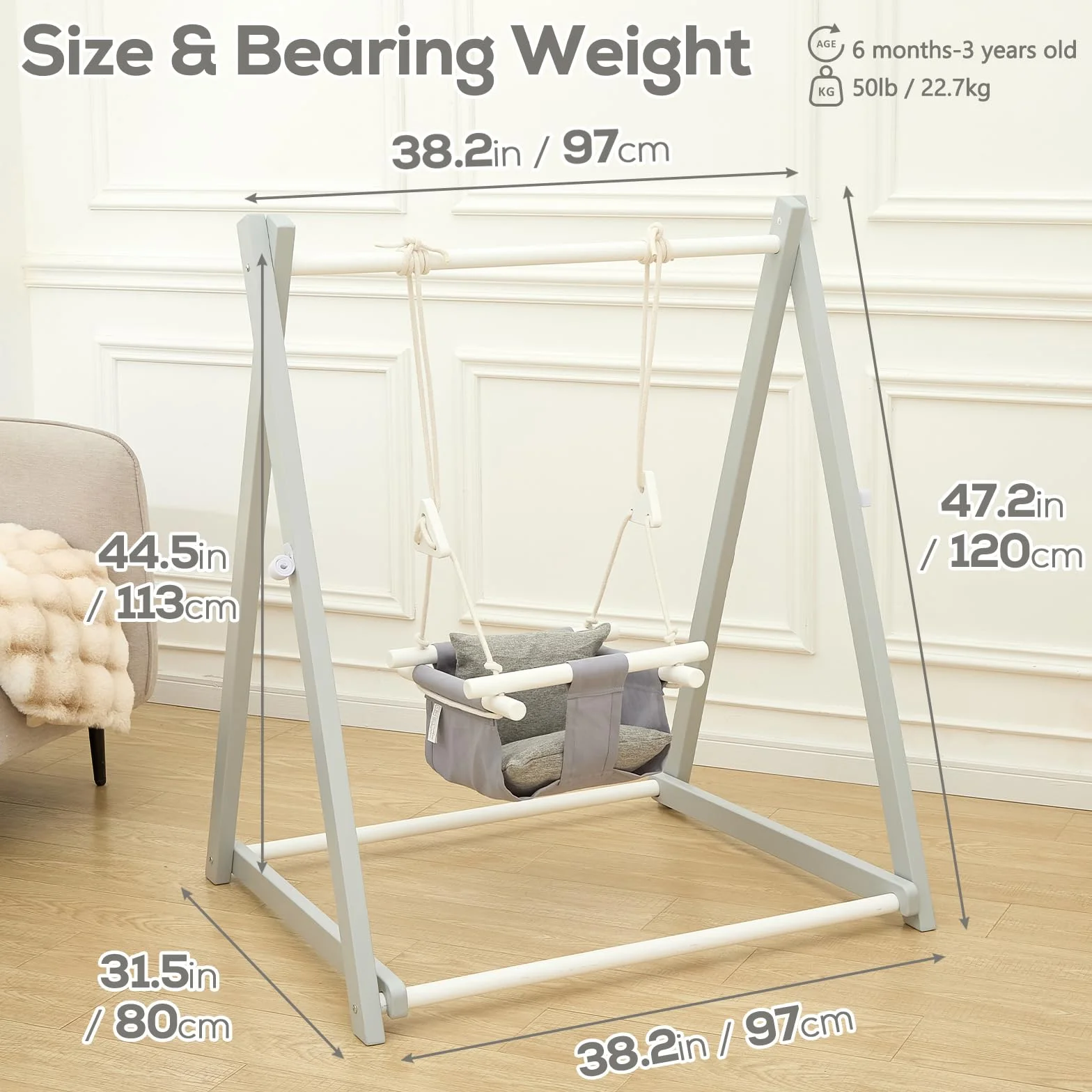 FUNLIO Altalena in legno per bambini dai 6 ai 36 mesi, set altalena pieghevole con 4 sacchi di sabbia, altalena per bambini, per interni ed esterni, colore grigio