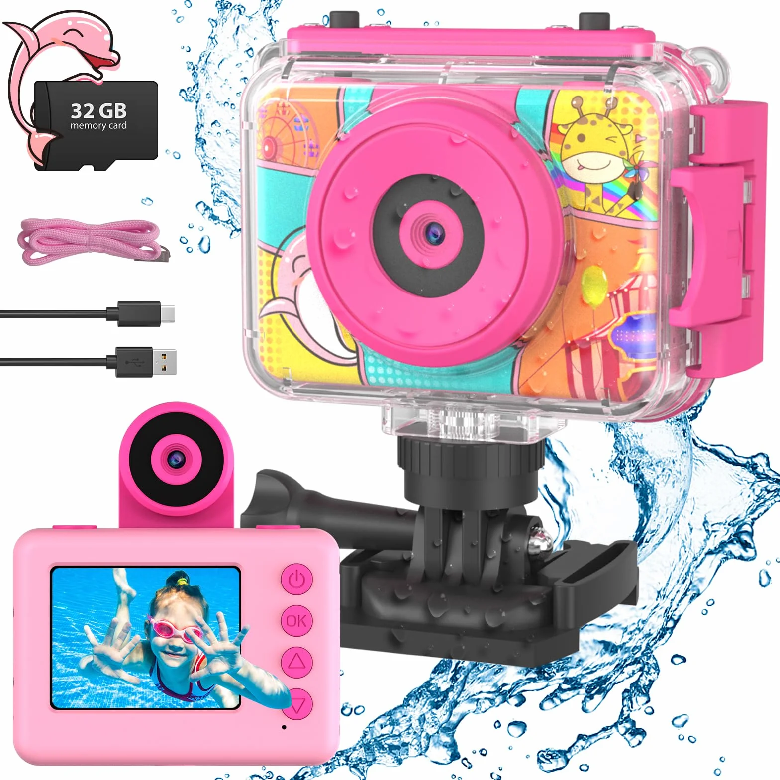 CHAKEYAKE Macchina Fotografica Bambini, 2.0” Fotocamera Digitale Impermeabile, 1080P 180 °Flip Len, Subacquea Macchina Fotografica Giocattolo Videocamera con Scheda SD 32G per Bambini 3-12 anni