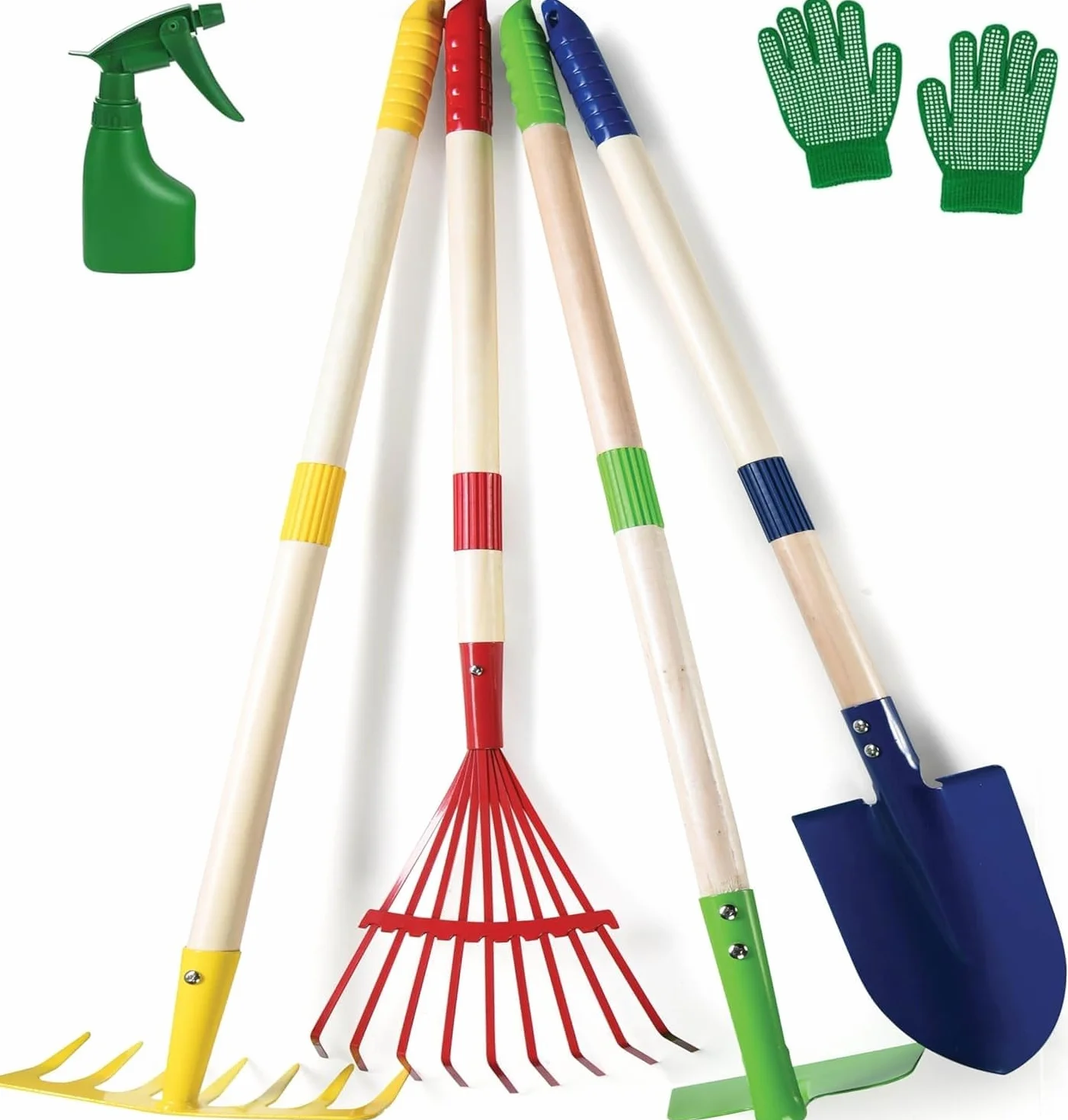 LATERN 6 Pezzi Attrezzi da Giardinaggio per Bambini, 71CM Metallo Grandi Pala Rastrello Zappa Foglie Rastrello con Manico in Legno, Annaffiatoio, Guanti - per Esterno Giardino Cortile Scavare Giocare