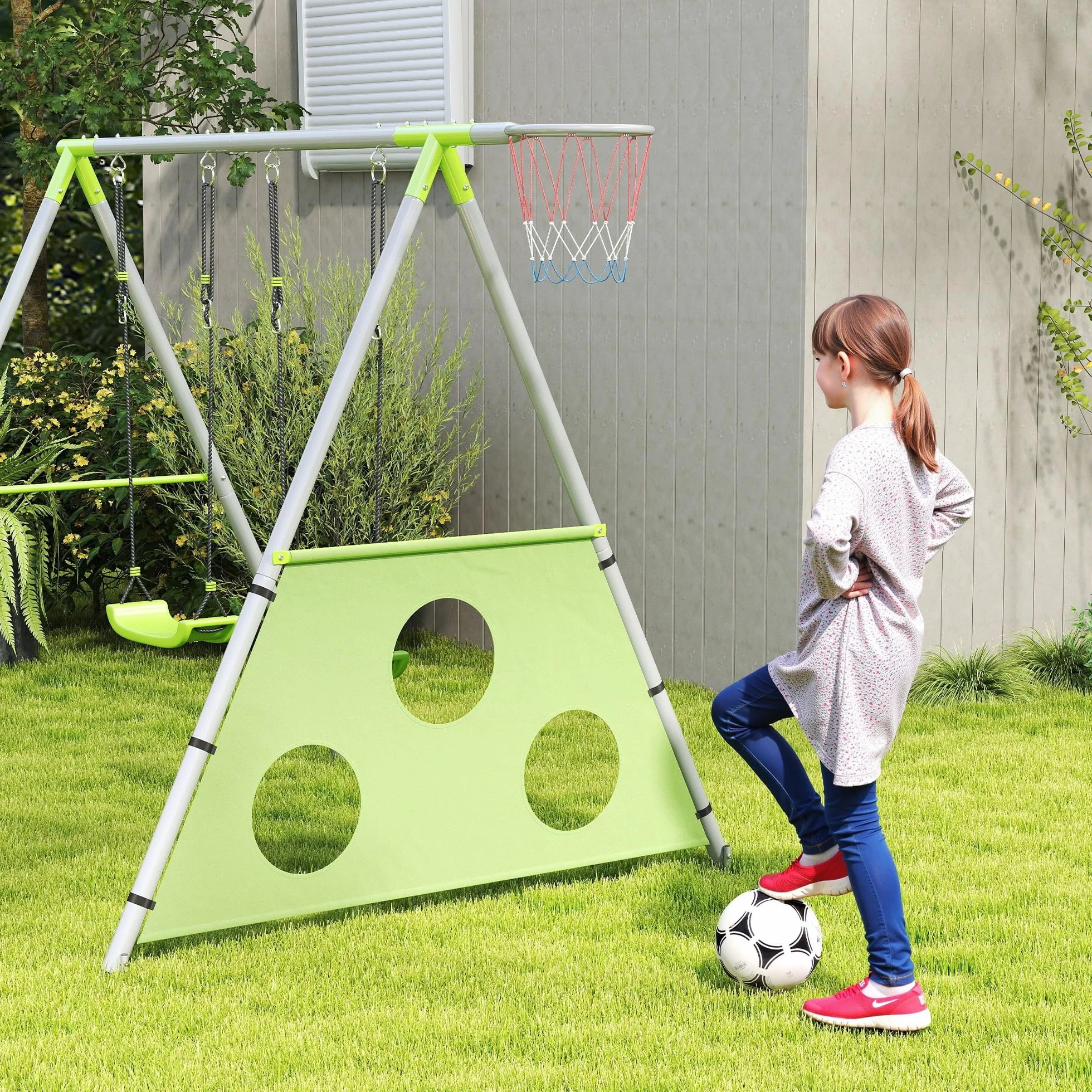 AIYAPLAY Set Altalena da Giardino per Bambini 3 in 1 con Altalena per Bambini, Canestro da Basket e Porta da Calcio, Gioco per Bambini 3-8 Anni con Telaio ad A in Metallo per Uso Esterno, Carico 90kg