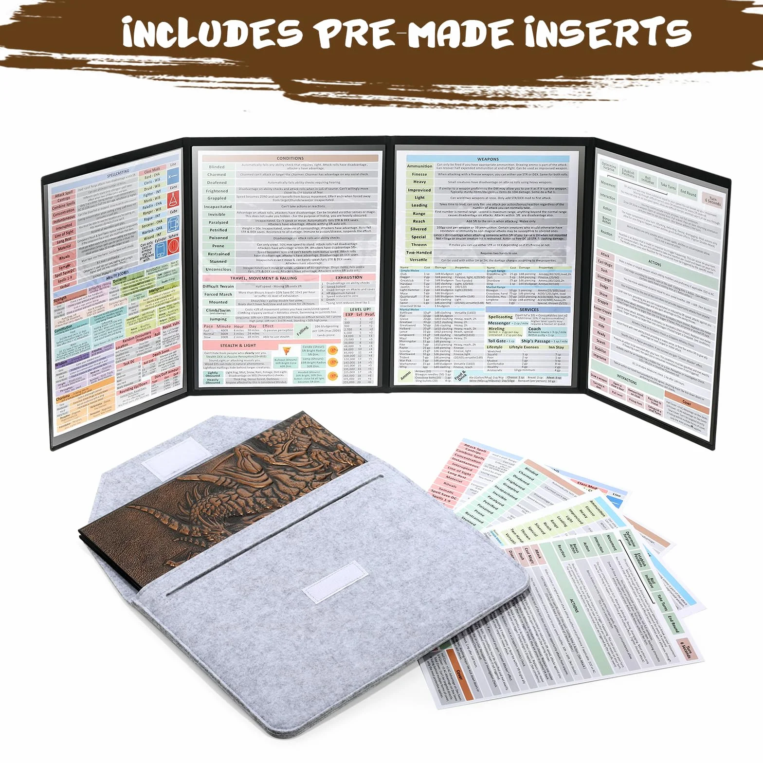 DNDND DM Screen - Schermo 3D in finta pelle con drago goffrato, schermo DND Master con custodia regalo per giochi da tavolo D&D Dungeon e Dragon (rame)