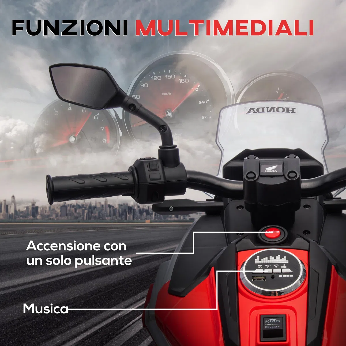 AIYAPLAY Moto Elettrica per Bambini 3-6 Anni Licenza Honda con Fari, Musica e Rotelle, 107x46x75 cm Rosso