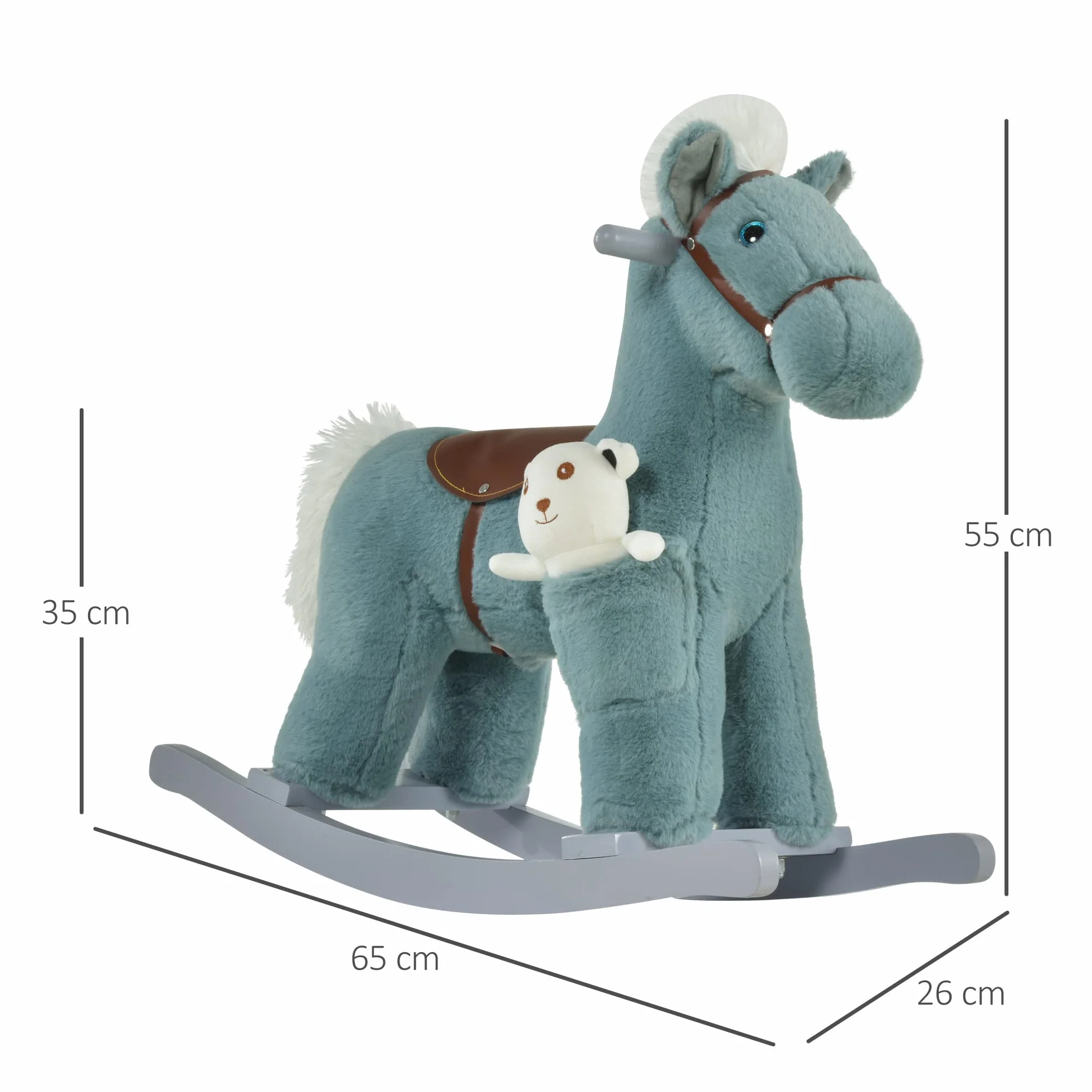 HOMCOM Cavallo a Dondolo per Bambini in Peluche e Legno con Suoni e Orsetto Incluso, per Bimbi da 18-36 Mesi, 65x26x55cm, Blu