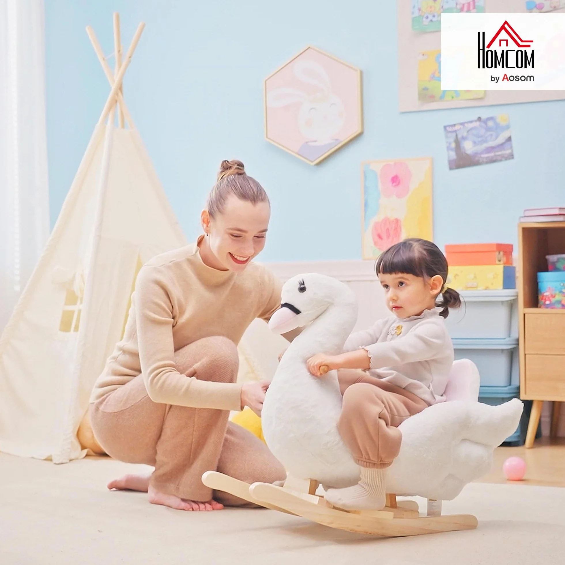 HOMCOM Cavallo a Dondolo a Forma di Cigno con Musica, Cavalluccio a Dondolo con Struttura in Metallo e Legno, Rivestimento Peluche, 60x40x57cm, Bianco