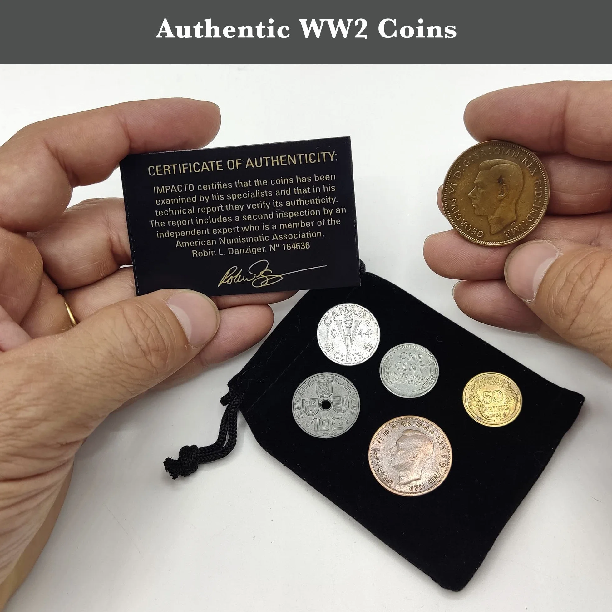 IMPACTO COLECCIONABLES | D-Day, Sbarco in Normandia, Collezione di 6 Monete Autentiche della Seconda Guerra Mondiale – Lotto Storico Originale in Sacchetto di Velluto con Certificato di Autenticità.