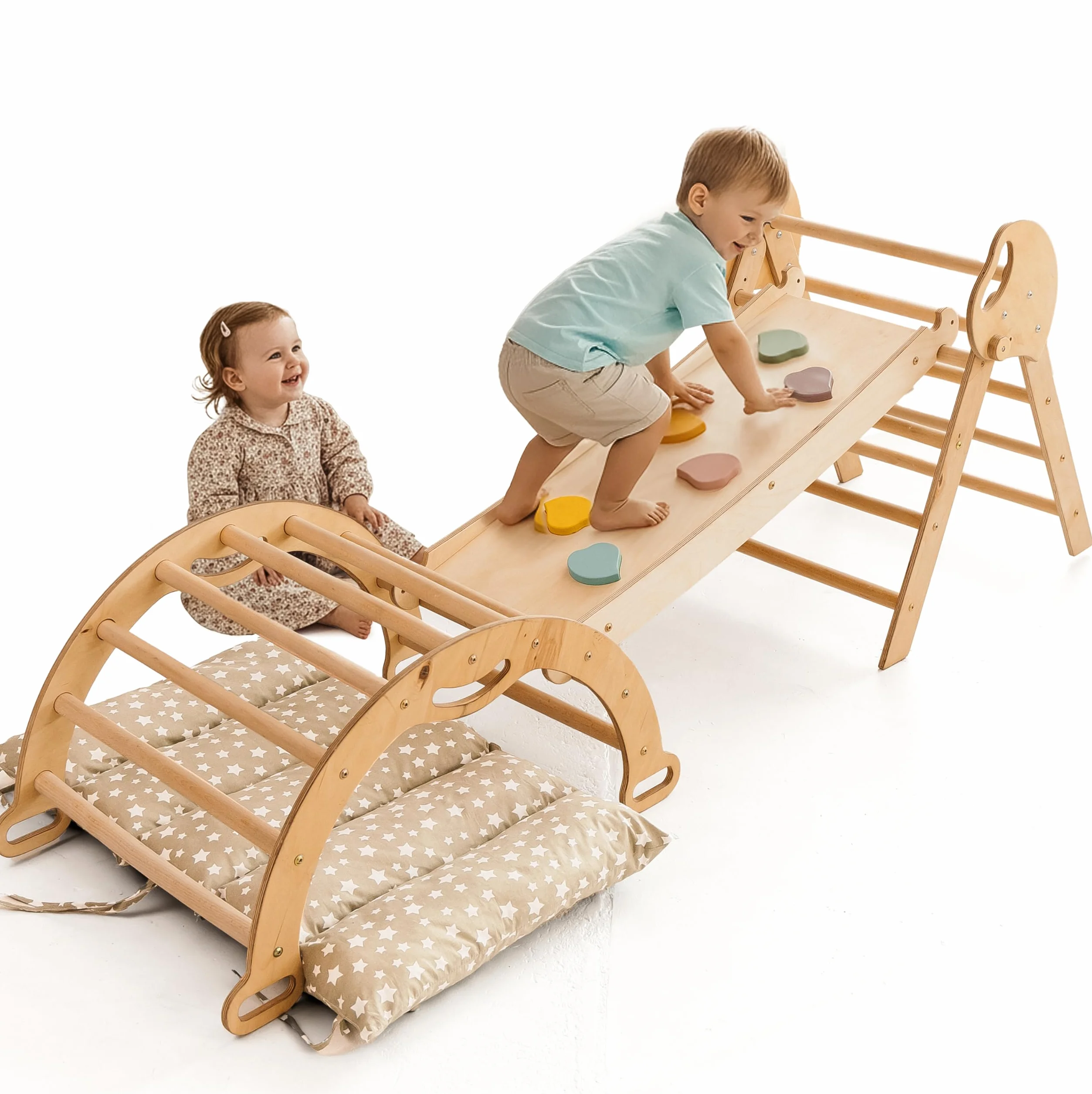 Goodevas Palestra in Legno 5 in 1 Bambini, Scala a Triangolo, Arco, Balance Board con Cuscino, Montessori 1-3 Anni