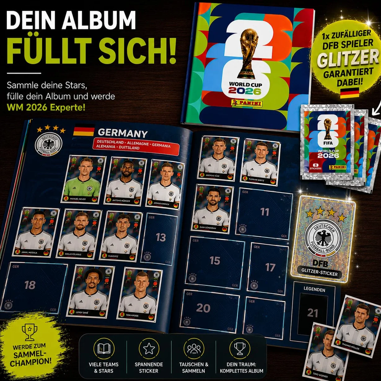 Panini Album di Adesivi Originale 2026 Mondiali Set di Base XXL Starter Set XL Copertina Morbida 6 Sacchetti Adesivi Germania