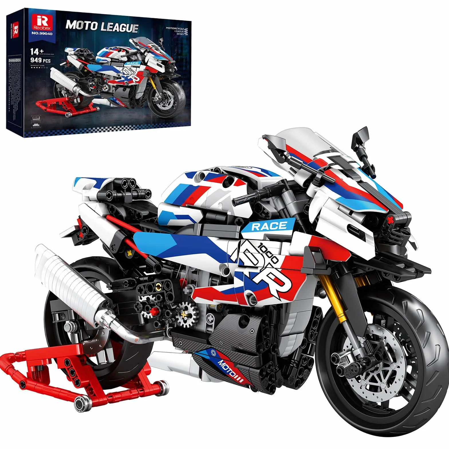 Reobrix Motorcycle 1000 RR Technic Set di Costruzione 1:8 949 Pezzi Modello Moto da Collezione con Supporto 14+