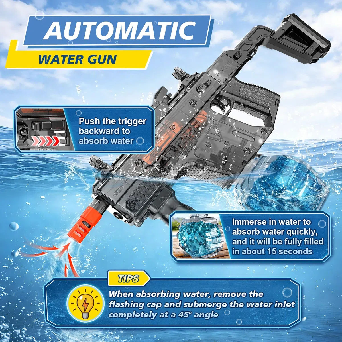 JONRRYIN Pistola ad Acqua Elettrica Automatica con Luci LED, Fucile ad Acqua Autocaricante Capacità 450ml, Portata 8m per Adulti e Bambini Piscina Spiaggia Giardino Feste Estive (Nero)
