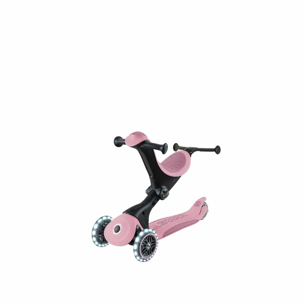 Globber - GO•UP DELUXE LIGHTS ECO 360 - monopattino evolutivo a 3 ruote con seduta girevole a 360°, poggiapiedi, luci LED e materiali sostenibili, per bambini da 15 mesi a 6 anni - rosa bacca