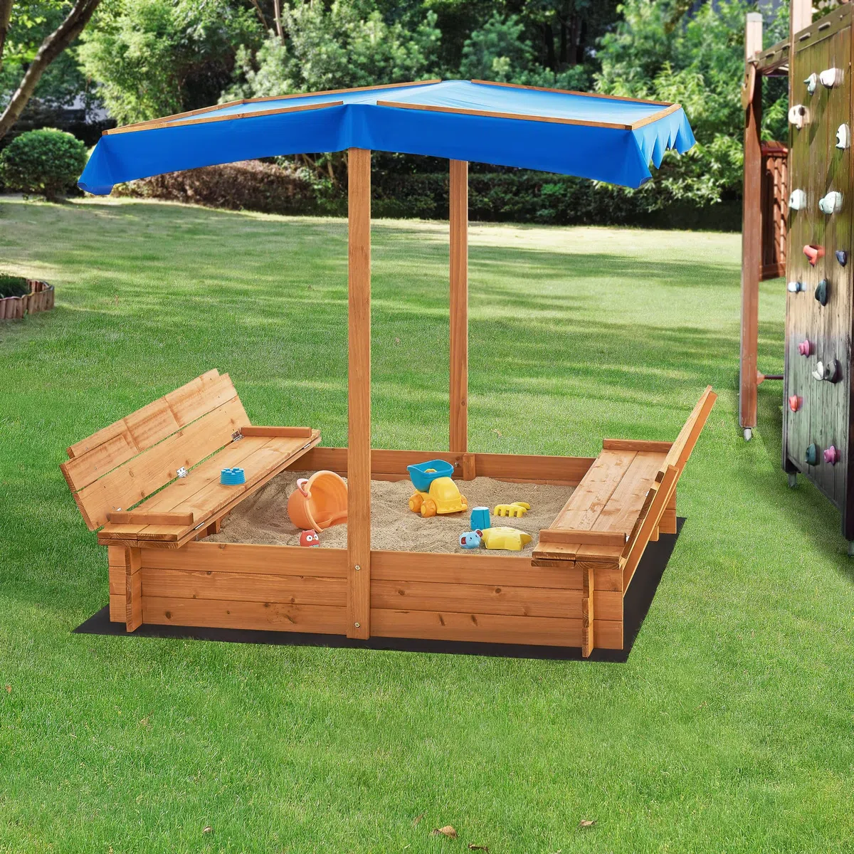 [en.casa] Sabbiera per Bambini in Legno con Panchine Integrate e Tenda Parasole Area Gioco da Giardino con Sedute Ripiegabili e Copertura per Sabbia 120 x 120 x 120 cm