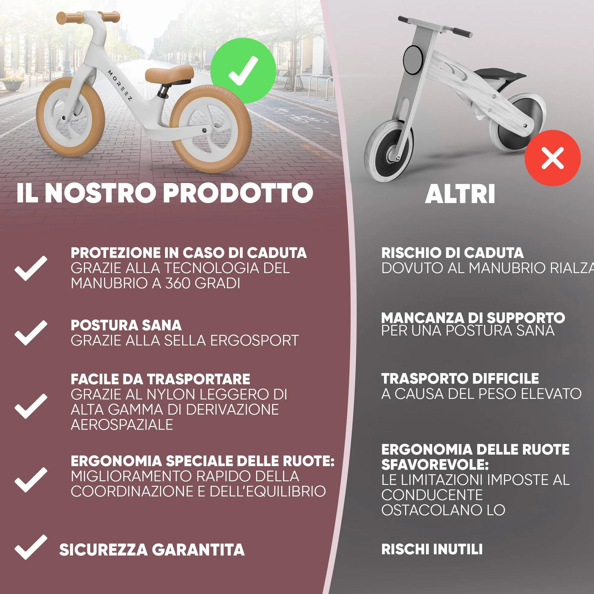 MOREEZ Bicicletta da 2 anni [2-5 anni] ultraleggera per bambini con protezione anticaduta, seduta ergonomica, ruote da 50 kg, poggiapiedi antiscivolo, altezza regolabile