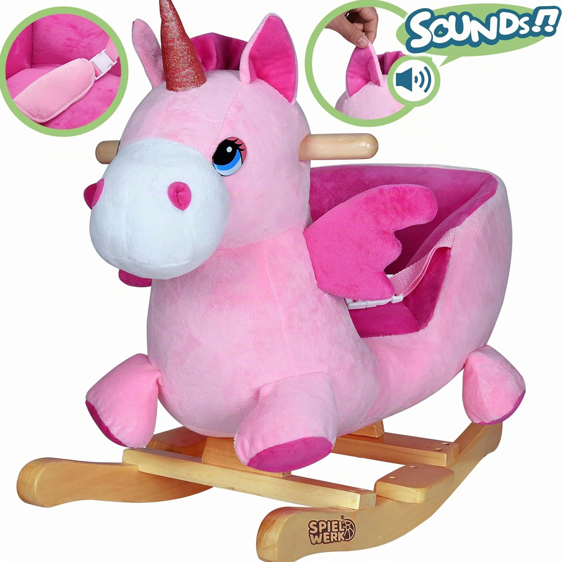 DEUBA® Unicorno Rosa Peluche a Dondolo Legno con Suoni Cintura di Sicurezza Giochi Infanzia Bambini Giocattolo Regalo