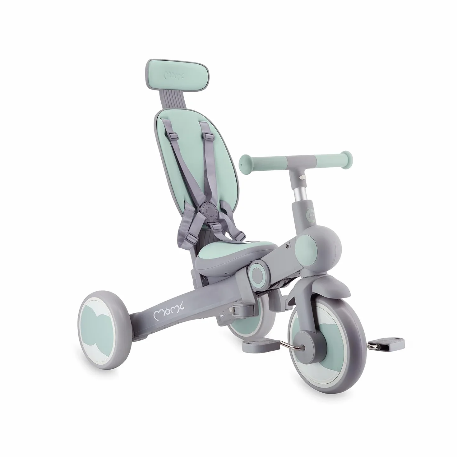 Triciclo per bambini MoMi 4in1 SOLIVIA con manubrio telescopico, cinture di sicurezza a 5 punti, per bambini a partire da 12 mesi, con capottina parasole, ruote in PU, borsa e portabicchiere