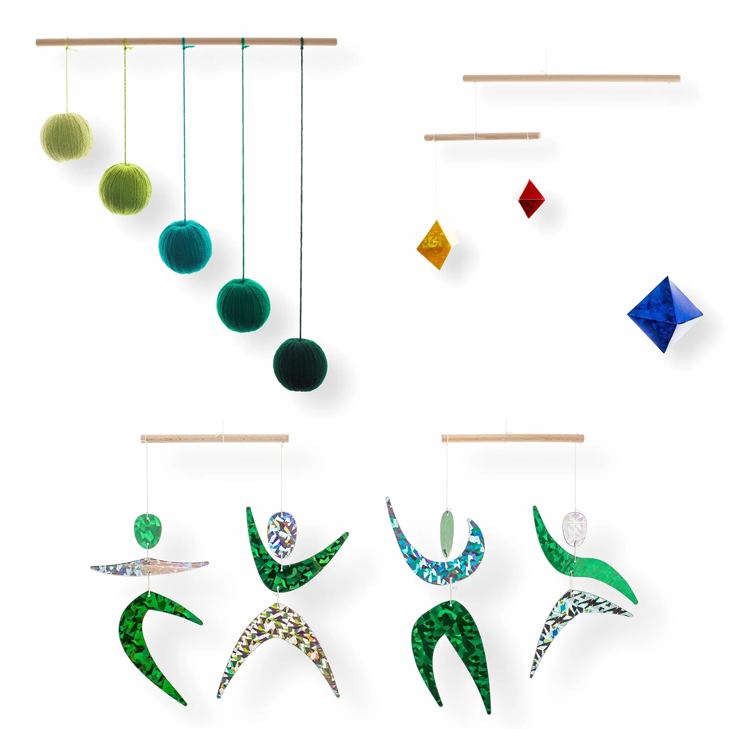 Set of 3 Montessori inspired mobiles - Green Gobbi, Dancers, Octahedron. Montessori mobile. Baby mobile. Hanging mobile. Crib toy.