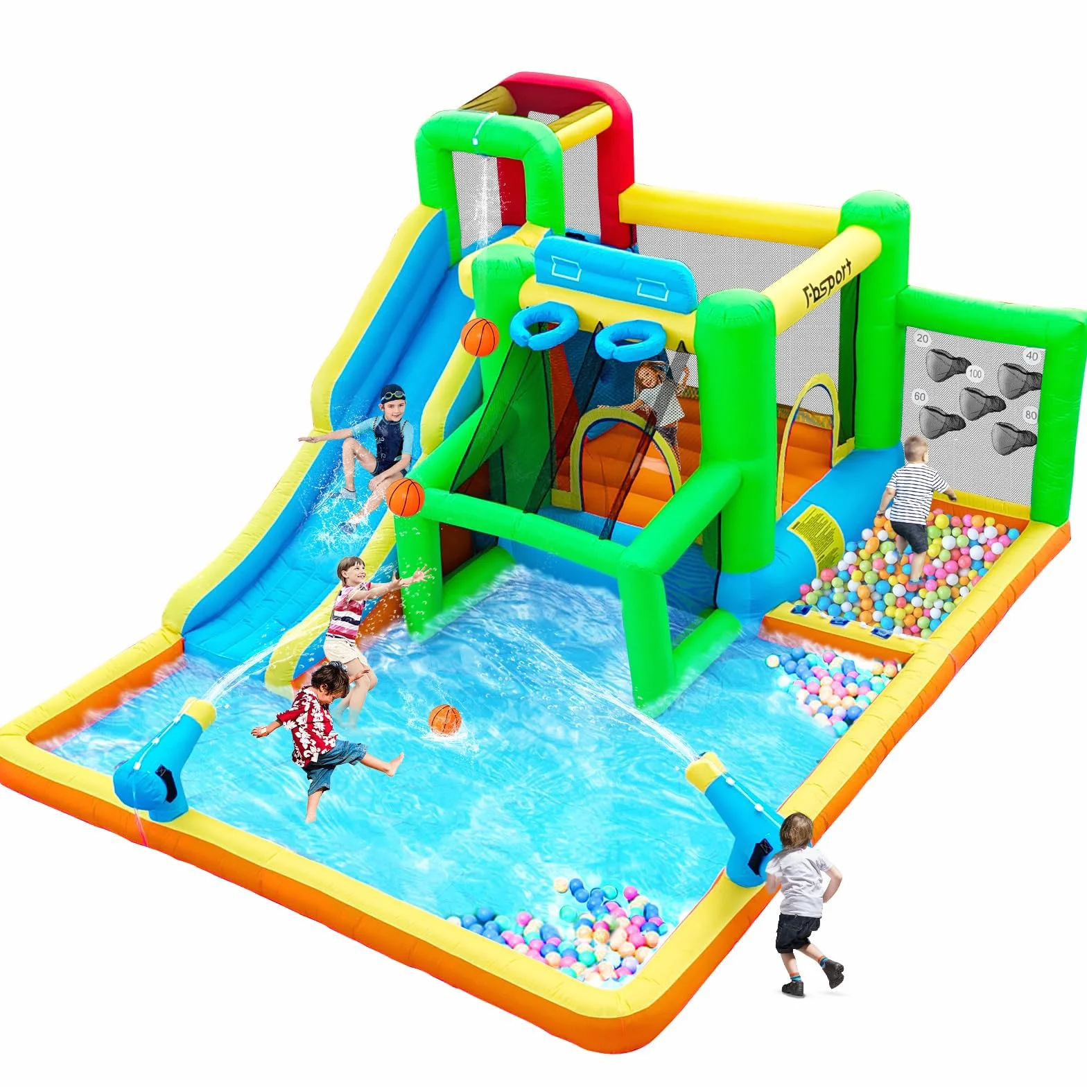 Castello Gonfiabile per Bambini, Parco Acquatico a Secco/Scivolo per Interno Outdoor, Castello Gonfiabile Gigante con Piscina Parete Arrampicata Trampolino, Fino a 4 bambini/140KG, 425 x 355 x 215 cm