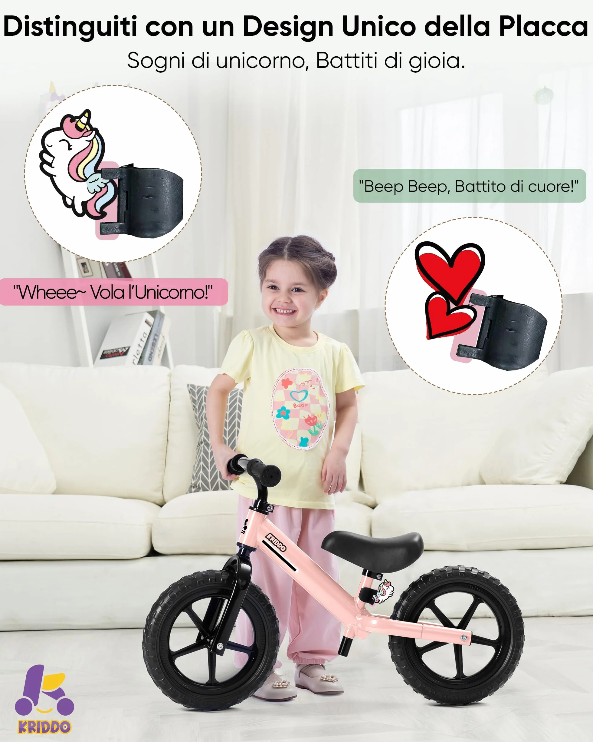 KRIDDO Bicicletta senza pedali per bambini dai 2 ai 5 anni, doppio cuscinetto per una guida più fluida, adorabile piastra, sedile e manubrio regolabili, regalo per bambini dai 2 ai 3 anni