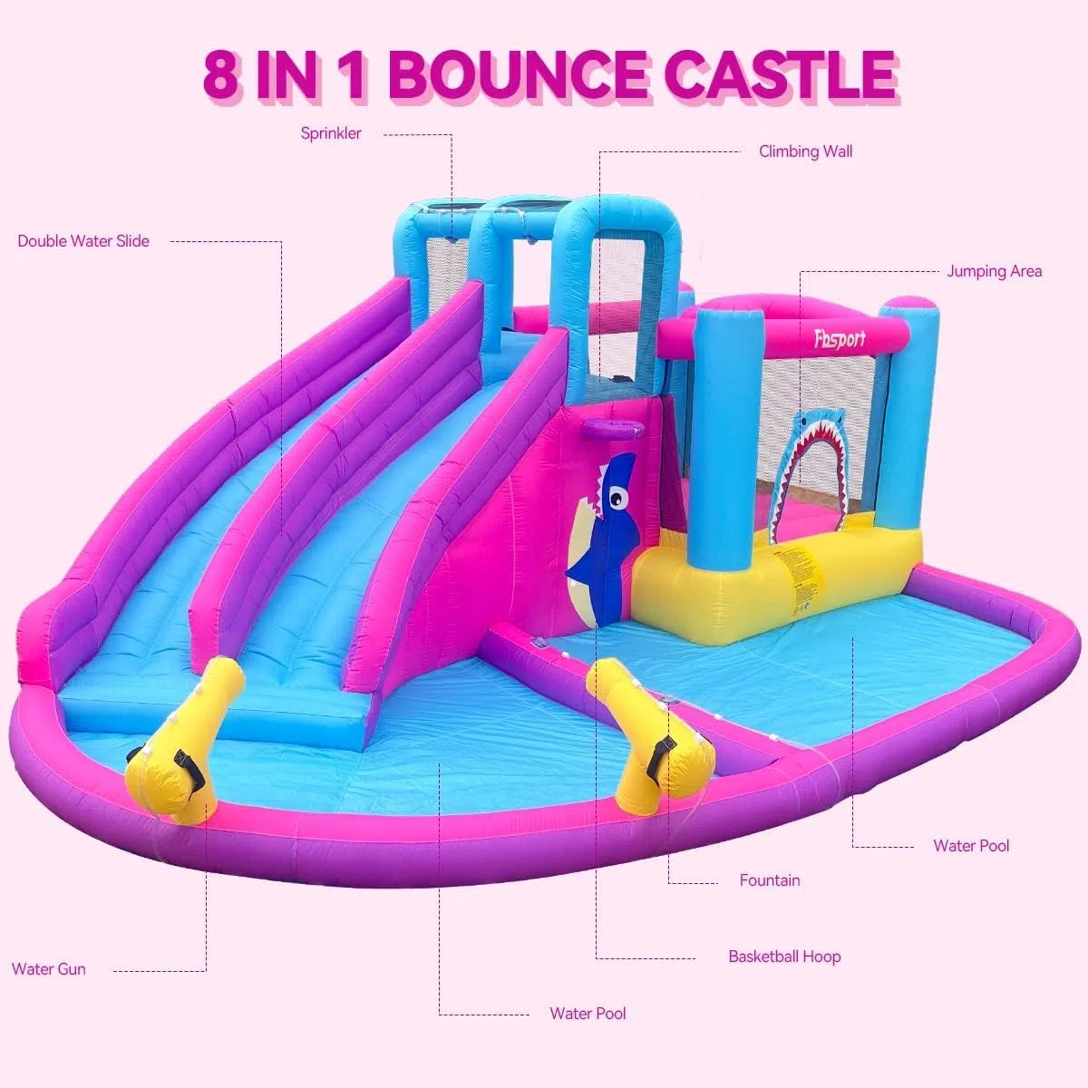 FBSPORT Castello Gonfiabile con Ventilatore 545 x 365 x 218 cm con Scivolo Trampolino Piscina Parete da Arrampicata, Piscina di Palline oceaniche Parco Acquatico per Bambini