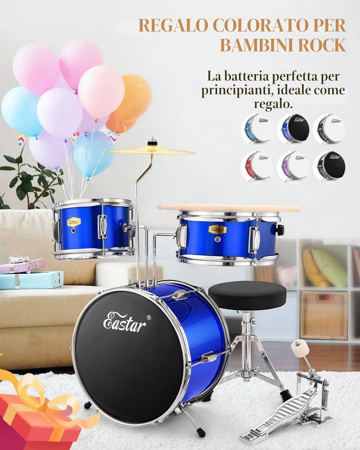 Eastar Batteria per Bambini per età 3-10 Anni, Junior Drum Set con Rullante, Tom, Grancassa, Pedale Grancassa (Specchio Blu)