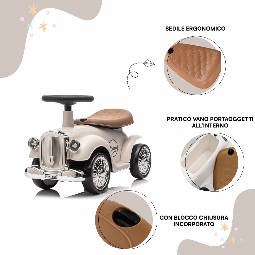 Baroni Toys Macchina Ride-On Vintage per Bambini dai 12 ai 36 Mesi, Baby Car con Clacson ad Aria, Vano Portaoggetti, Manubrio Sterzante e Ruote Stabili per Imparare a Camminare, 25x59x35 cm, Bianco