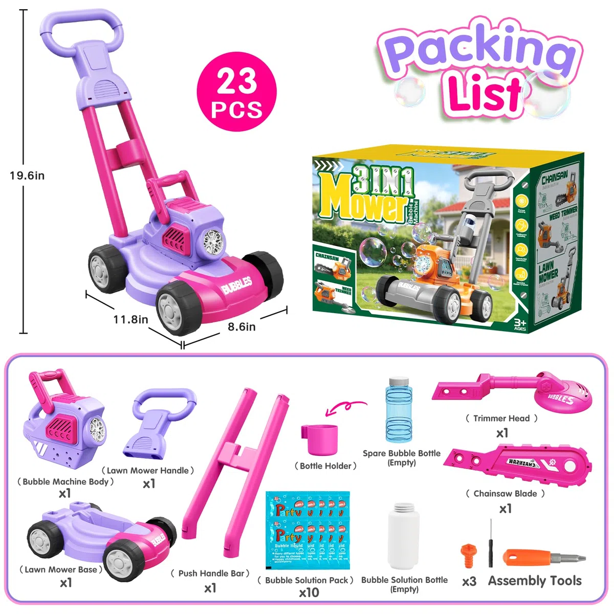 Tosaerba Spara Bolle per Bambini, Macchina per Bolle 3-in-1 con 10 Soluzioni, Giochi all'Aperto per Bambini 3-8 Anni, Regalo di Compleanno Pasqua Estate per Ragazzi e Ragazze 3 4 5 6 7 8 Anni