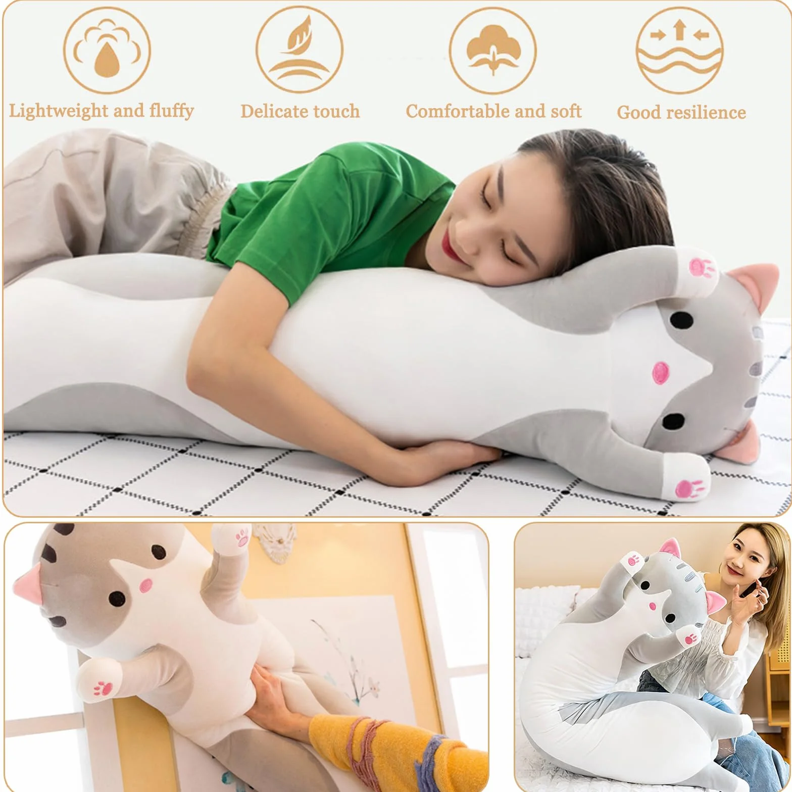 Gatto Peluche Morbido Abbraccio Cuscino Imbottito Animale Carino Kitty Sleeping Throw Regalo per Bambini (130cm/51.1inch, Grigio)