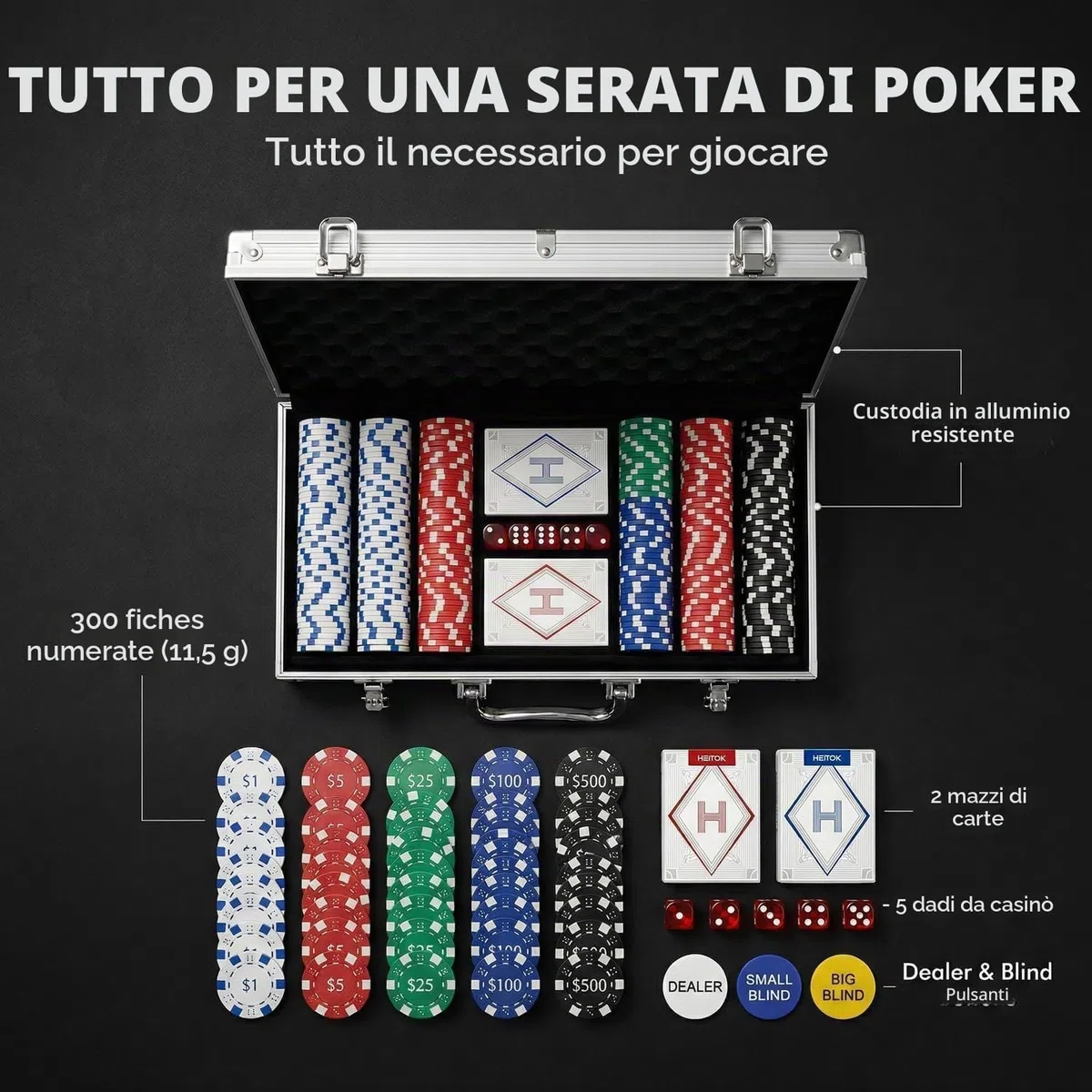 HEITOK Set Poker 300 Fiches Numerate 11,5g Valigetta Alluminio Rinforzata Texas Hold'em Completo