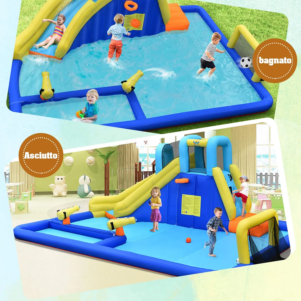 COSTWAY Castello Gonfiabile Per Bambini, Con Scivoli, Muro da Arrampicata e Piscina, Per 3 Bambini 3-10 Anni, Con Borsa di Trasporto e Kit Riparazione (Con soffiatore)
