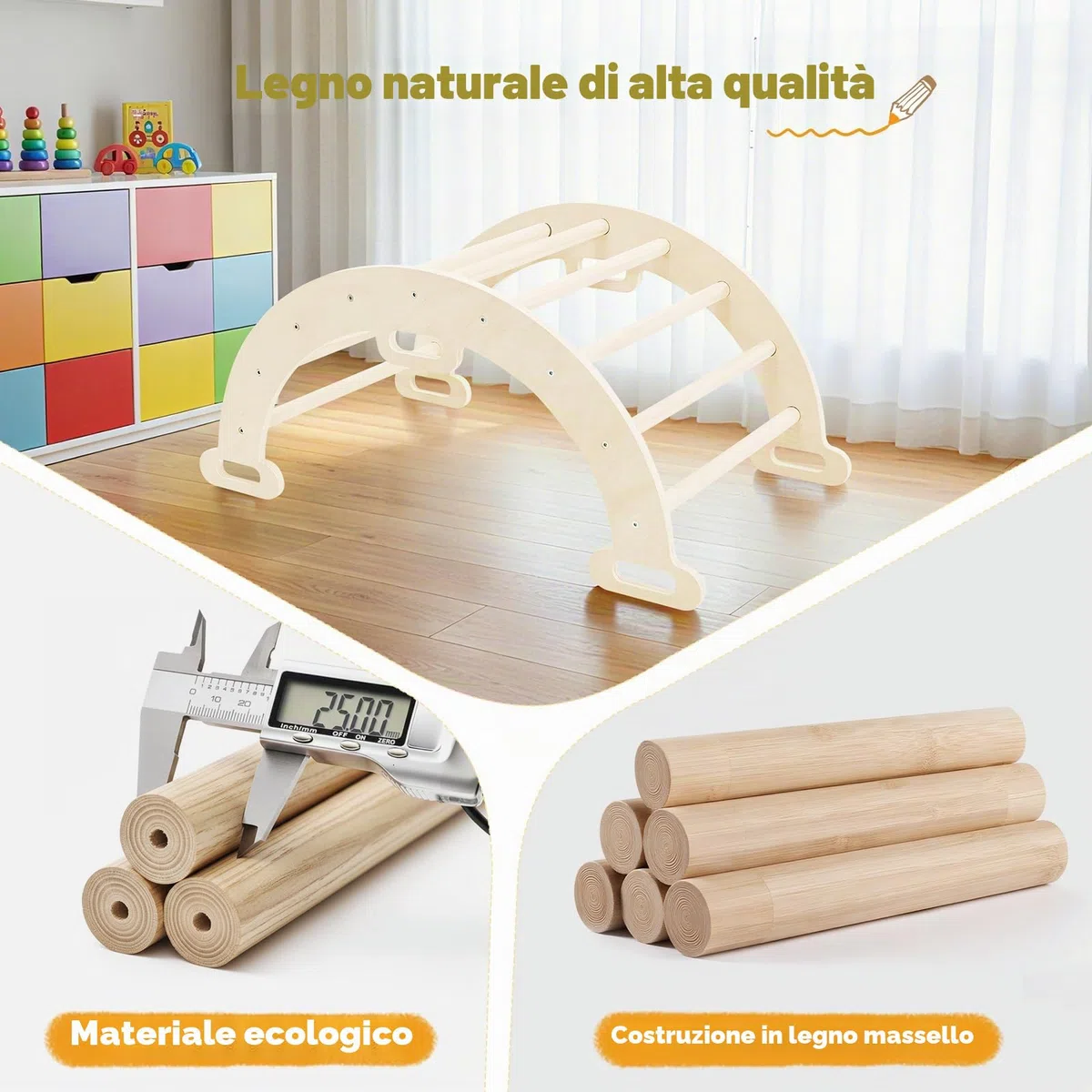 Arco da Arrampicata Montessori 2 in 1 con braccioli per bambini legno naturale cuscino tappetino antiscivolo 1-6 anni