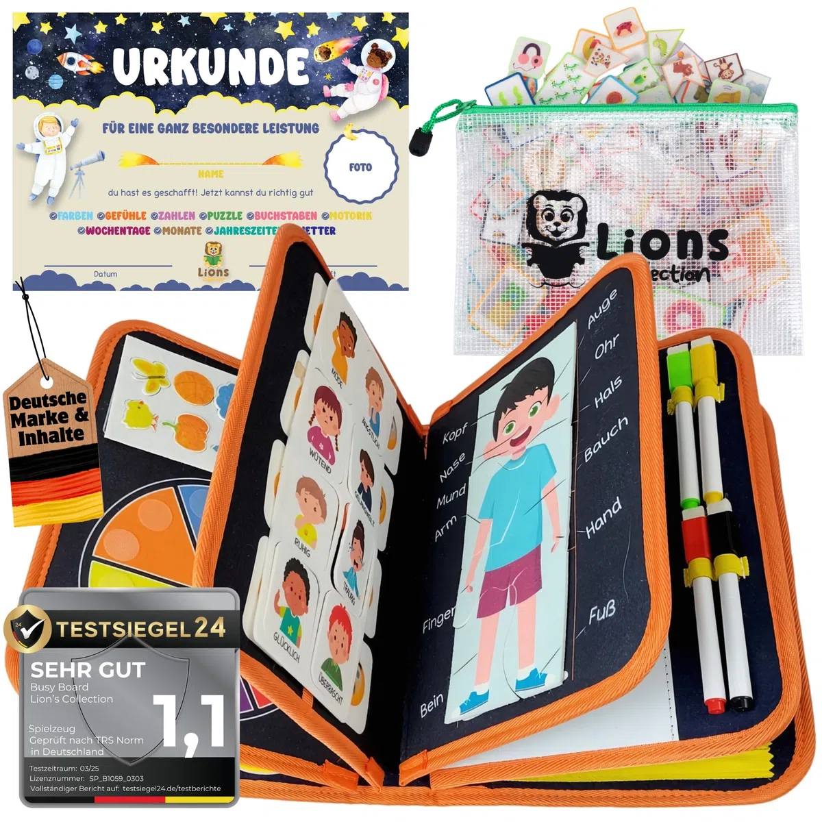 Lion's Collection® Busy Board Tedesco - Montessori Giocattoli a partire dai 3 anni per promuovere le capacità motorie e la creatività - Activity Board per bambini - Busy Book & Quiet Book su 10 pagine