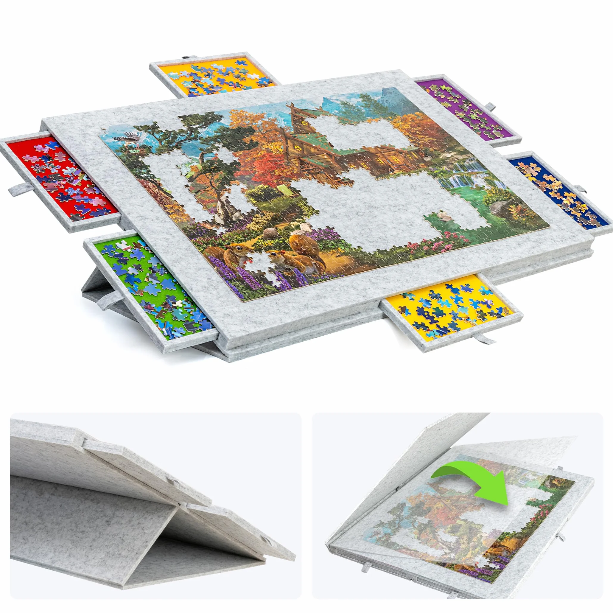 Lavievert Tavola puzzle inclinabile da 1500 pezzi con supporto e copertura progettati 2 in 1, leggero altopiano puzzle con 6 cassetti, tavolo puzzle portatile per adulti, salva-puzzle in feltro -