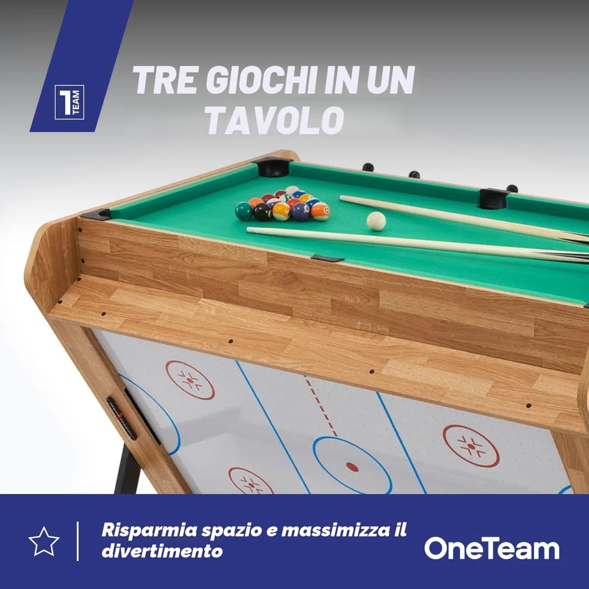 OneTeam FunArena 3in1 – Tavolo da gioco: calcio balilla, biliardo, air hockey; multifunzionale, stabile, compatto con campi di gioco intercambiabili, ideale per casa, sale comuni e stanze di gioco
