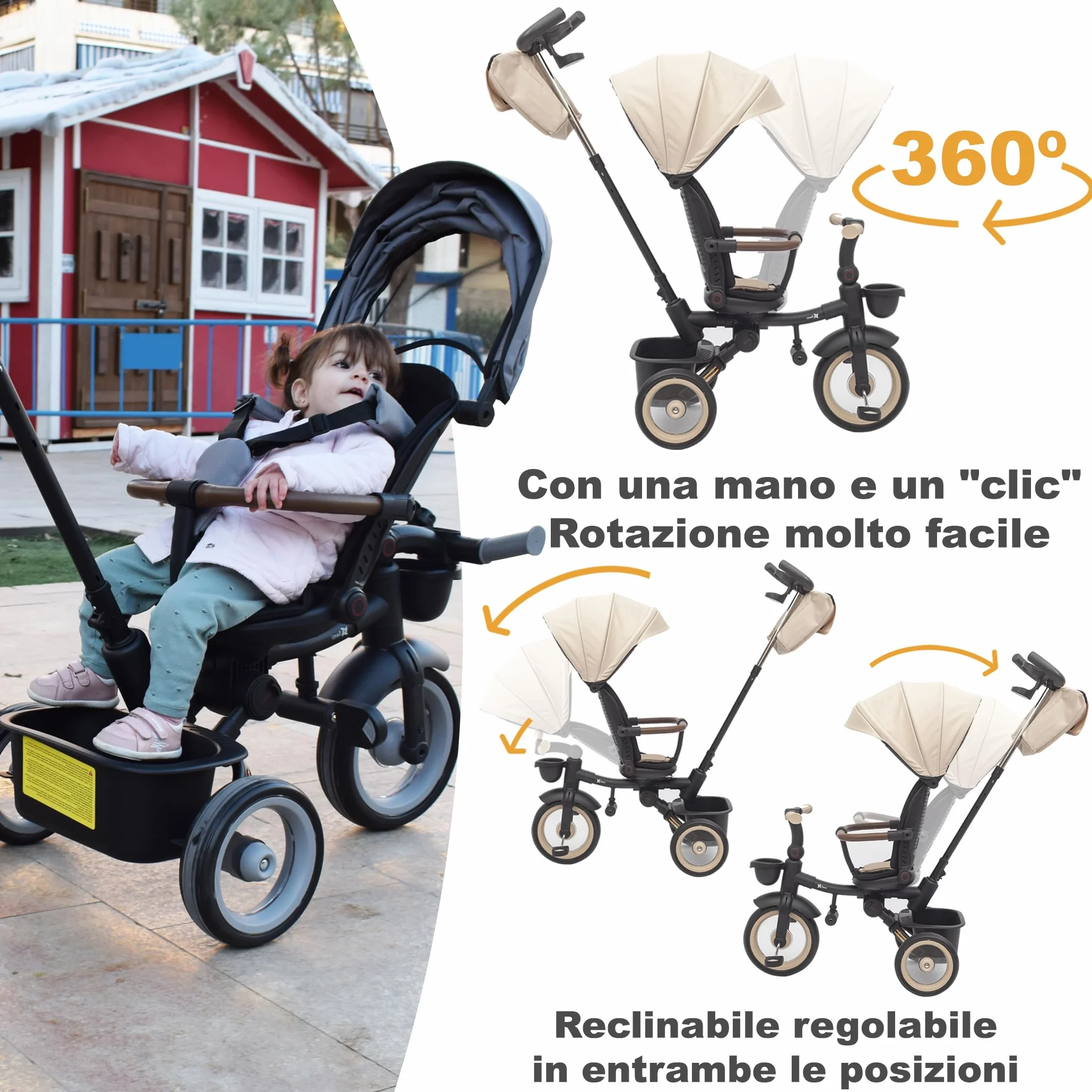Twinly - Triciclo Evolutivo Bambino Sami Pieghevole con Sedile Girevole 360 Bicicletta 2 anni - Passeggino Bambino, Giocattolo, 1-5 anni o 25 kg - Luce, Cappottina Estensibile (Beige)