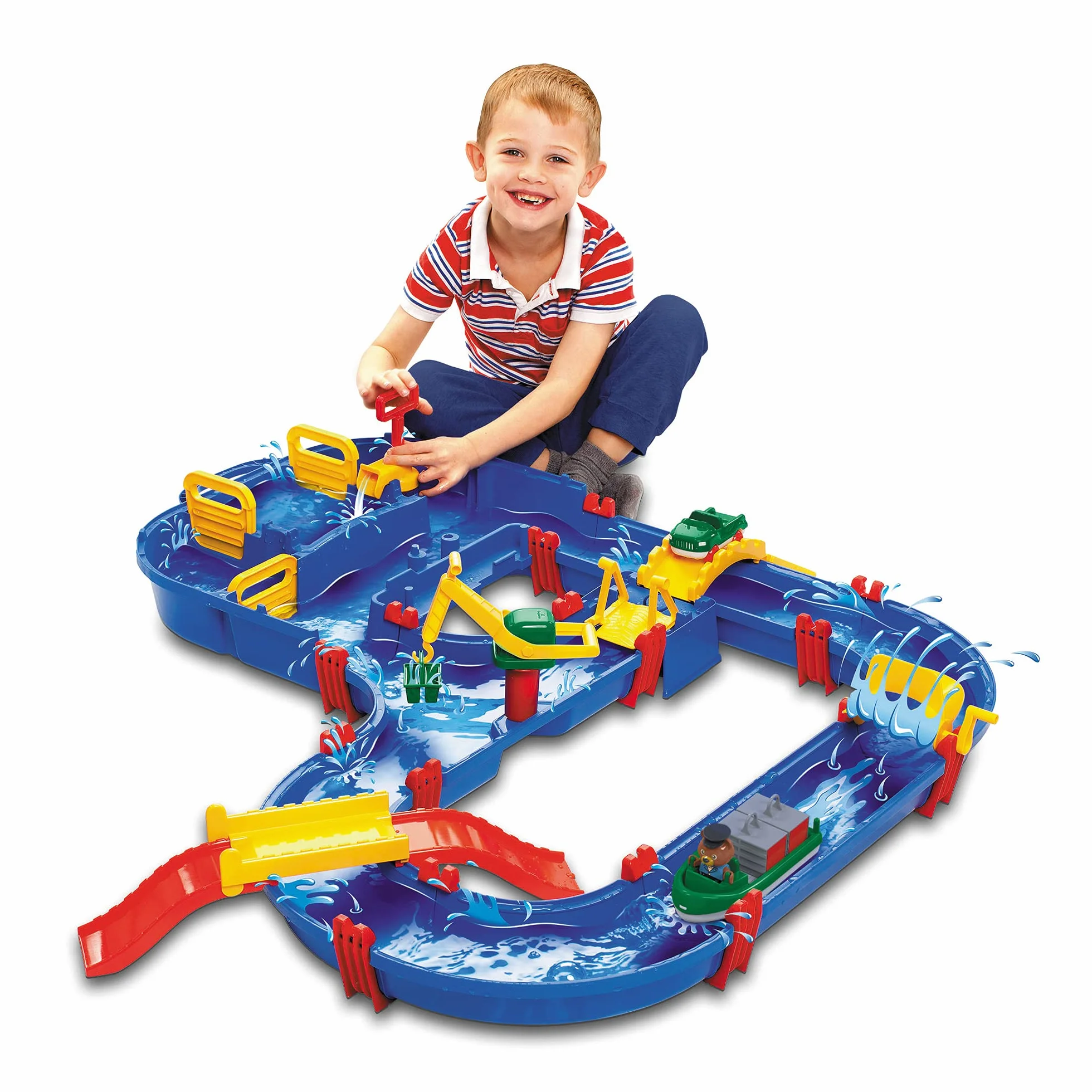 Tavolo d'Acqua per Bambini, Tavolo da Gioco colorato con Sistema di canali funzionanti, Gru, Ponti, Barca e Giocattolo per Auto, dai 3 Anni in su