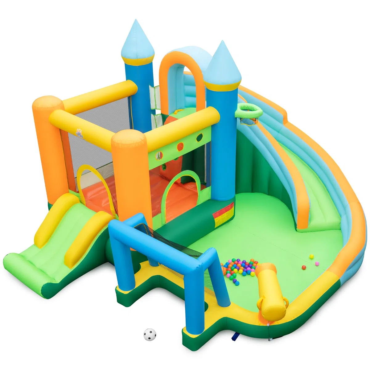 RELAX4LIFE Scivolo d'Acqua Gonfiabile, Parco Acquatico con Doppio Scivolo, Piscina Spruzzo, Parete da Arrampicata, Cannone ad Acqua, Canestro da Basket, Porta da Calcio, Palline Oceaniche e Anelli