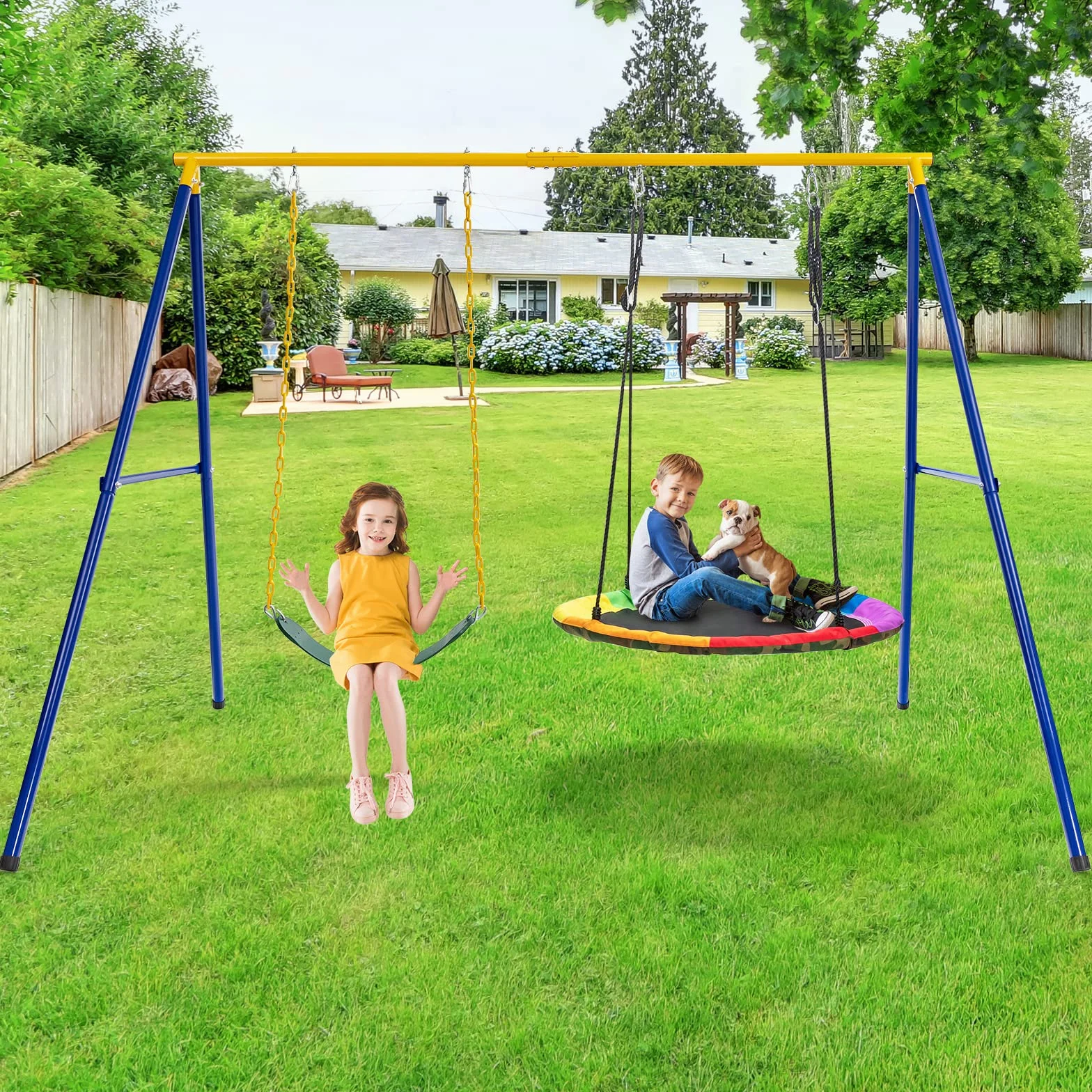 COSTWAY Set Altalena da Giardino per Bambini, Struttura di Metallo ad A con 1 Sedile in EVA Morbido e 1 Altalena Nido, Capacità 300 kg, Ideale per Giardino Parco Giochi (Giallo+Blu, Altalena+Supporto)