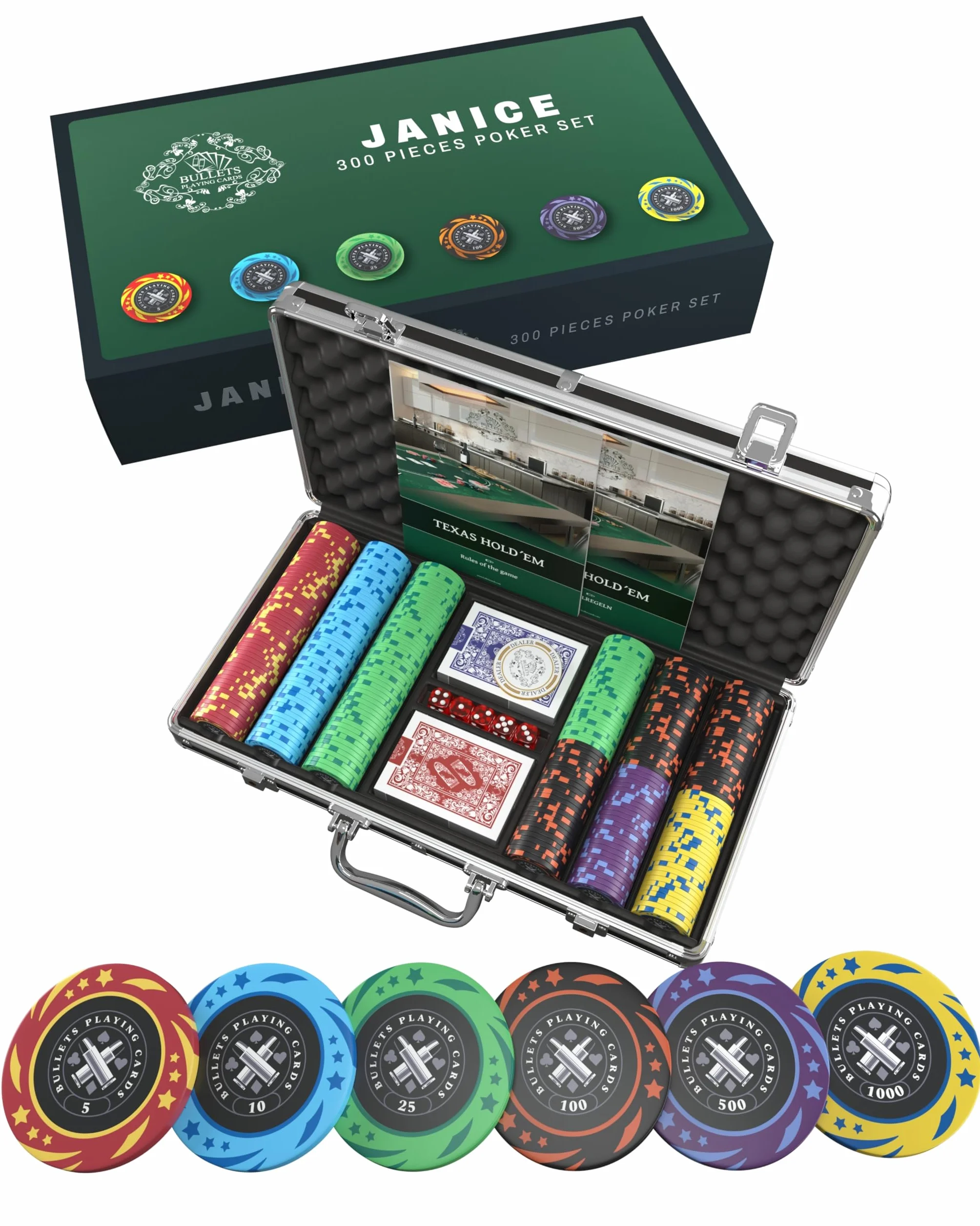 Janice Bullets Playing Cards Set da Poker 300 Chip Plastica con Valori Pulsante Ceramica Carte