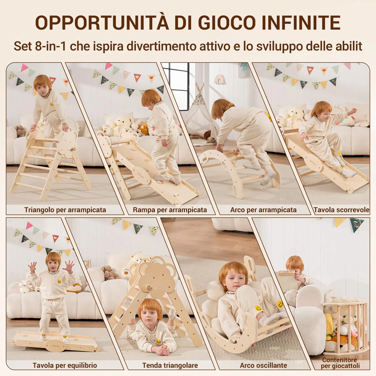 COSYLAND Triangolo di Pikler Regolabile 3 Livelli con Scivolo 8 in 1 per Bambini 18M-6Y Naturale