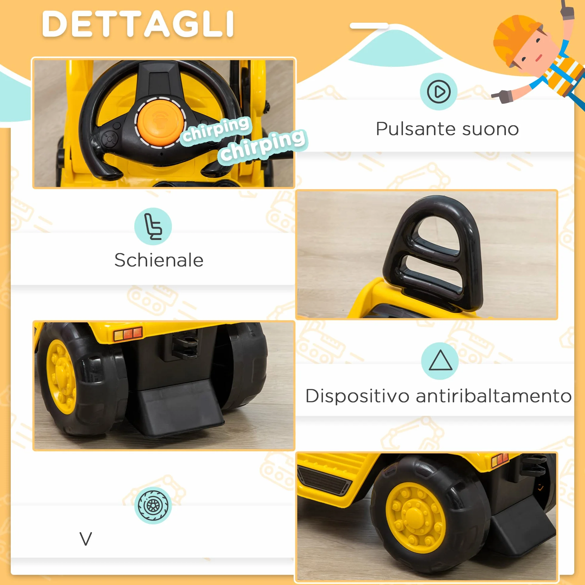 HOMCOM Escavatore per Bambini 2-4 Anni Manuale con Pinza, Pulsante per Suoni e Spazio Portaoggetti Nascosto, in PP e ABS, 83x27x39 cm, Giallo e Nero