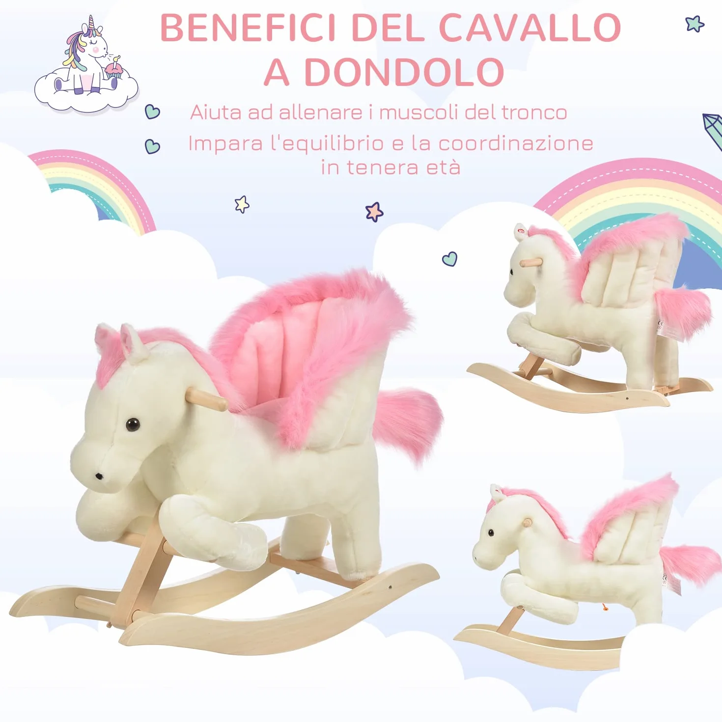 HOMCOM Cavallo a Dondolo Bianco e Rosa con Suoni e Struttura in Legno di Pioppo per Bambini 18-36 Mesi, 70x28x57cm