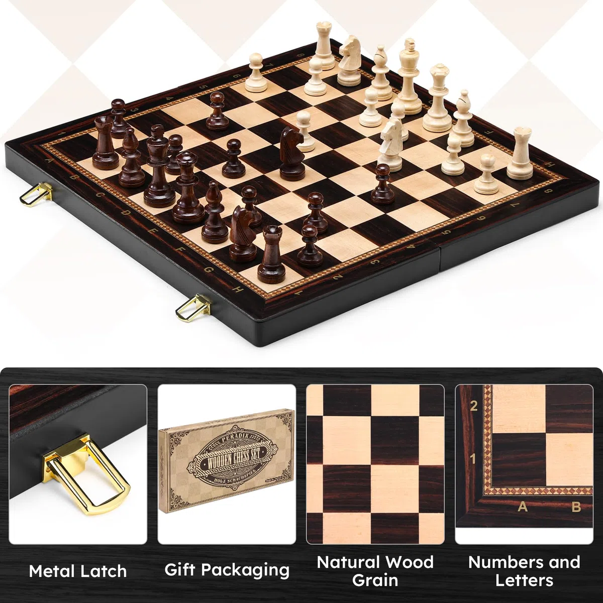 Peradix 48 x 48 CM Grande Gioco di Scacchi in Legno - Scacchiera Pieghevole in Legno di Alta Qualità con 34 Grandi e Pesanti Pezzi di Scacchi - Scacchi per Adulti e Bambini (48×48 cm, Nero)