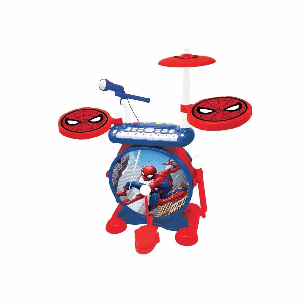 Lexibook, Spider-Man, Set elettronico per bambini, gioco musicale, suono realistico del tamburo, tastiera a 8 tasti, MP3, sedile incluso, blu/rosso, K610SP