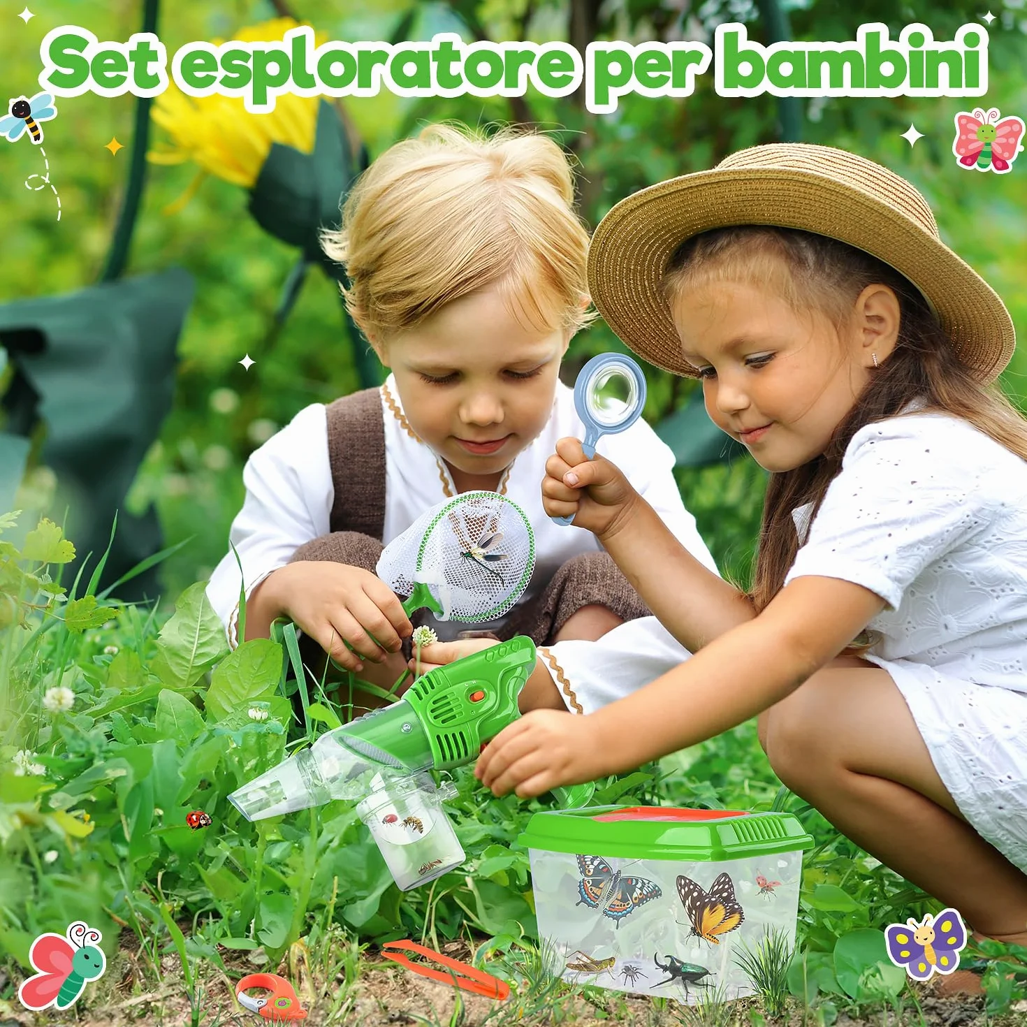 Kit Esploratore Bambini con Cattura Insetti, Scatola per Insetti, Rete di Farfalle, lenti d'ingrandimento, Pinzette, Portachiavi, Esplorazione Outdoor Giocattoli Regalo Set per Bambini da 3+ Anni