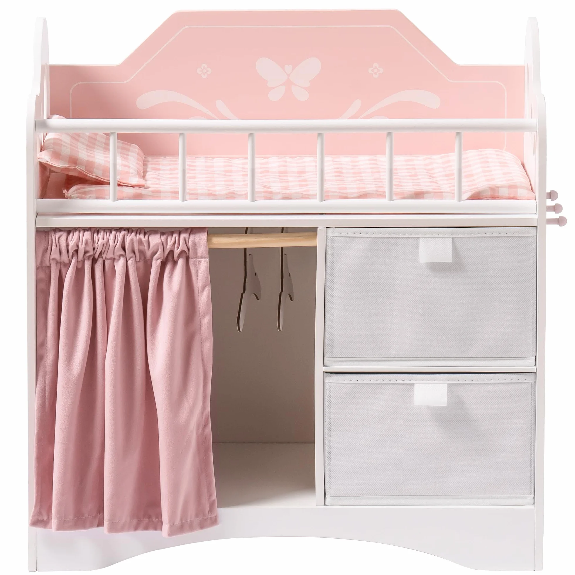 ROBUD Letto per bambole in legno con armadio e biancheria da letto per bambole fino a 55 cm