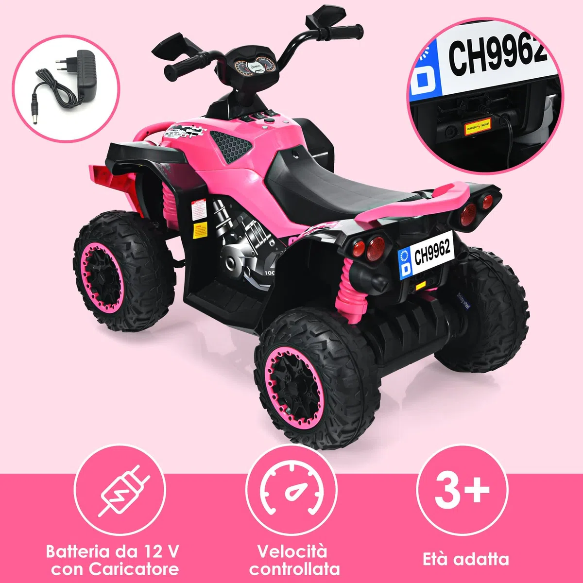 COSTWAY 12V Quad Elettrico per Bambini, Auto Cavalcabile con Luci LED Musica, 2,2-4,3 km/h, Rosa