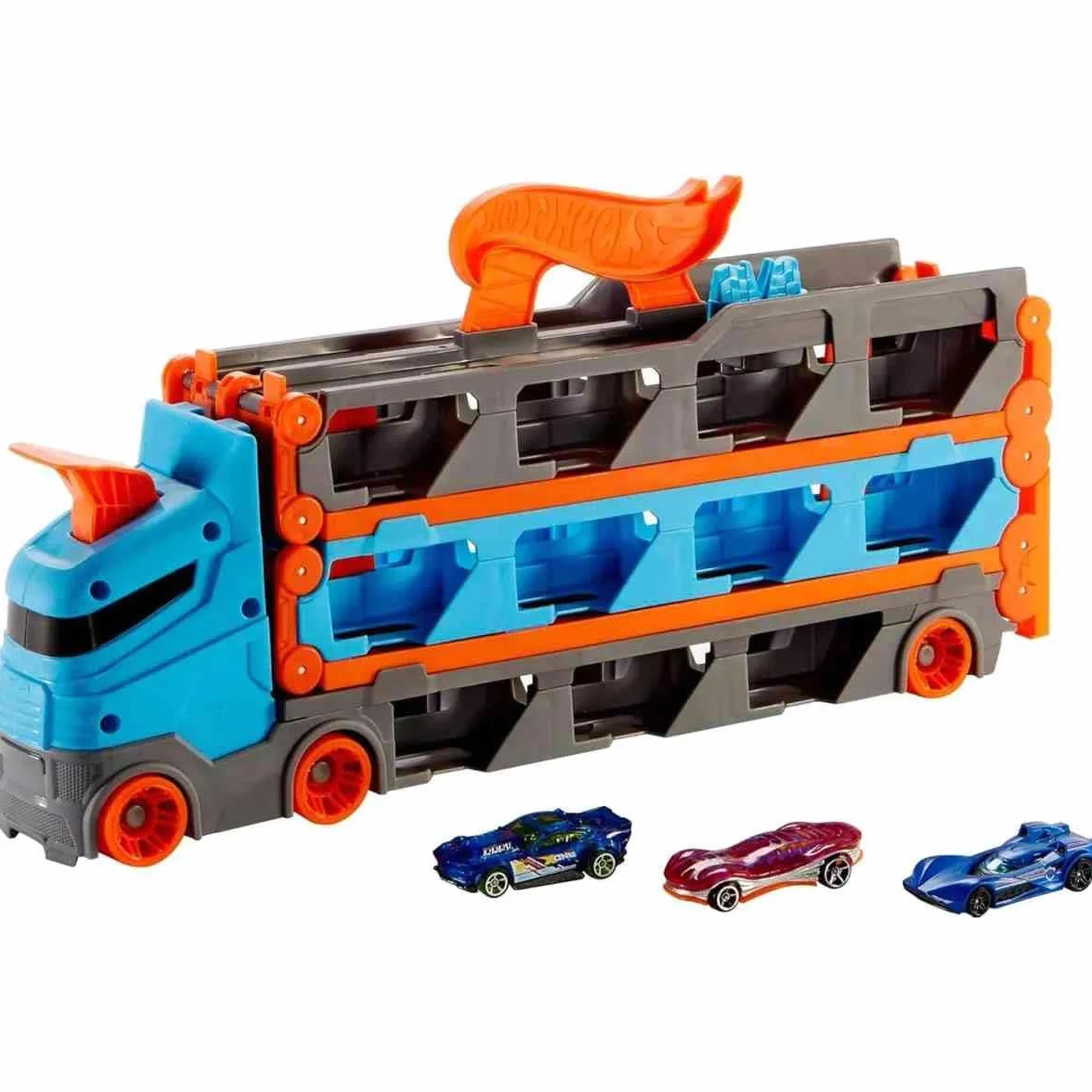 Hot Wheels - Camion Trasportatore 2 in 1, Trasportatore e Pista con 3 Auto in Scala 1:64 per Bambini da 4 a 8 Anni, HGH33, Imballaggio Sostenibile