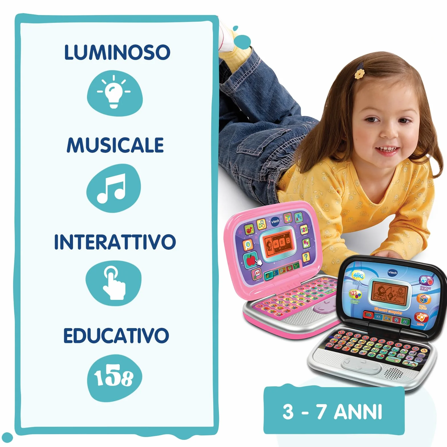 VTech Bit Smart Computer Rosa, Computer Interattivo per Bambini, Computer con Mouse ed Effetti Luminosi, Comoda Maniglia, Gioco Bambino con Animali e Forme, Lingua Italiana, Batterie Incluse, 3-7 Anni